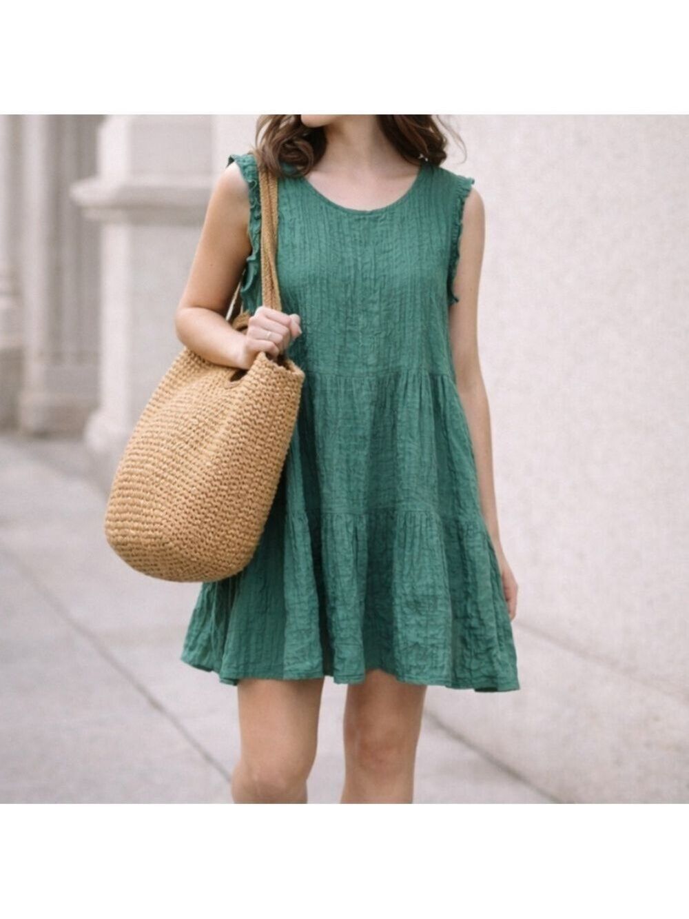 Sonoma Sleeveless Tiered Below Knee Dress Sz M Seafoam Green POCKETS Boho Breezy